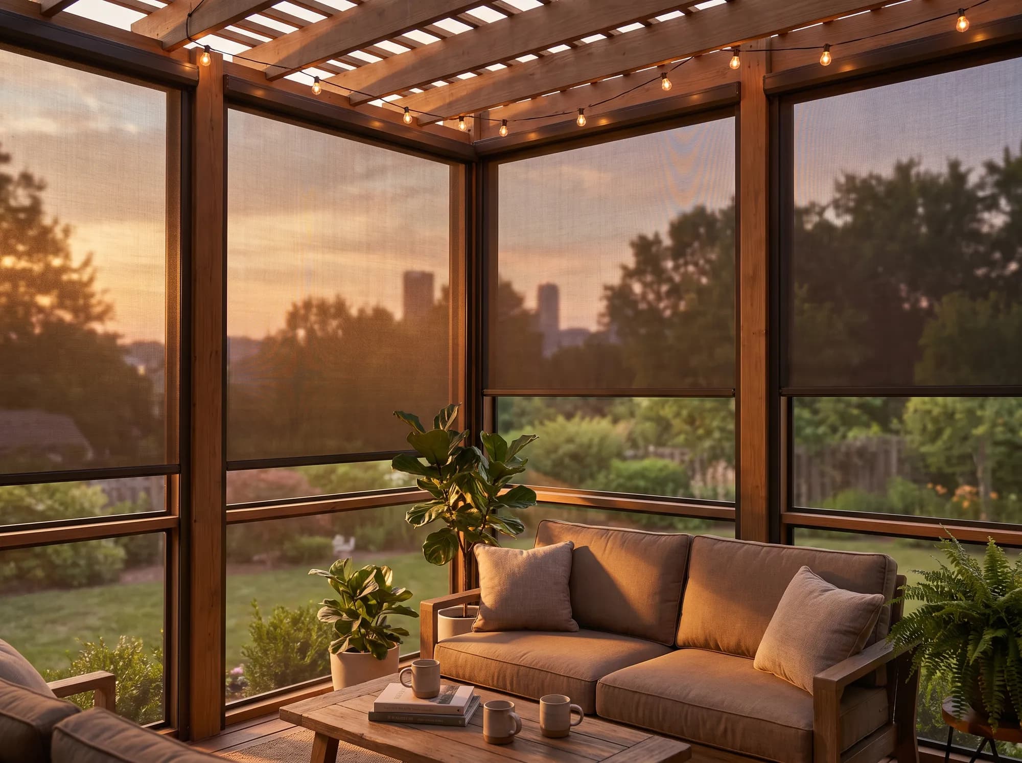 Golden-hour enclosed patio with a charcoal motorized solar shade overlooking the Pittsburgh hills